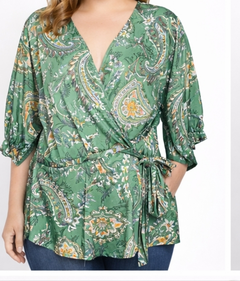 Green Paisley Wrap Blouse with Self-Tie Waist